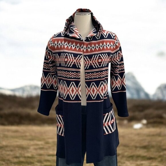 Rachel Zoe Aztec Cardigan Boho Tribal Navy Red XS Trendy Cozy Southwestern Fall - Picture 1 of 9